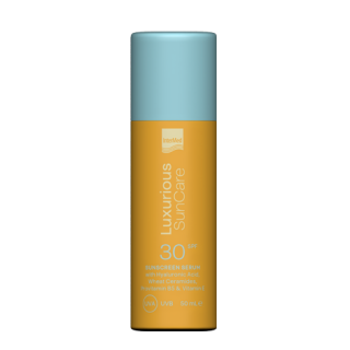 Intermed Luxurious Sun Care Sunscreen Face Serum SPF30 50ml Αντηλιακός Ορός με Υαλουρονικο οξύ, Κεραμίδια σιταριού, Προβιταμίνη Β5, Βιταμίνη Ε