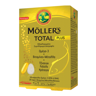 Moller's Total Plus Συμπλήρωμα Διατροφής με Ωμέγα 3, Βιταμίνες, Μέταλλα & Βότανα Για Ολοκληρωμένη Τόνωση του Οργανισμού, 28+28caps