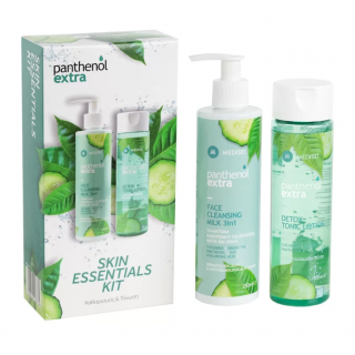Panthenol Extra Promo Skin Essentials Kit: Γαλάκτωμα Καθαρισμού για Πρόσωπο, Μάτια και Χείλη 250ml & Τονωτική Λοσιόν με AHA 200ml