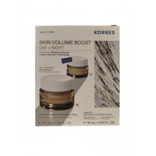 Korres Promo White Pine Skin Volume Boost Day + Night with Ultra-Replenishing Deep Wrinkle Cream for Dry-Very Dry Mature Skin 40ml & Free Gift Restorative Overnight Facial 15ml