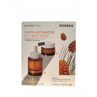 Korres Promo Black Pine Primus Youth Activator Day + Night Boost 6xHA Wrinkle Smoothing Youth Activator Booster 30ml + Free Gift Youth Renewal Sleeping Facial 15ml