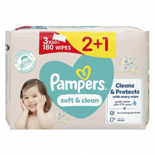 Pampers Soft & Clean Μωρομάντηλα 3 x 60 Τεμάχια (2+1ΔΩΡΟ)