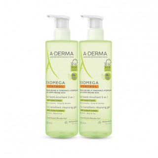 A-Derma Promo Exomega Control Emollient Cleansing Gel 2 in 1 2x500ml  Μαλακτικό Ζελ Καθαρισμού