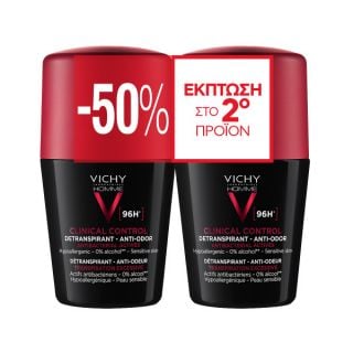 Vichy Homme Clinical Control 96h Deodorant Roll-on 2 x 50ml Ανδρικό Αποσμητικό -50% Στο 2ο Προϊόν