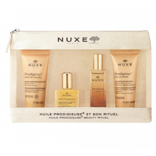 Nuxe Promo 2024 Huile Prodigieuse Beauty Ritual Travel Kit: Αρωματικό Αφρόλουτρο 30ml - Ξηρό Λάδι 30ml - Άρωμα 15ml - Αναζωογονητικό Κοκκώδες Scrub 30ml