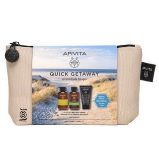 Apivita Quick Getaway Essentials To Go Σαμπουάν Για Συχνή Χρήση, 75ml & Mountain Tea Αφρόλουτρο Με Αιθέρια Έλαια, 75ml & Black Detox Ζελ Καθαρισμού Με Ενεργό Άνθρακα & Προπόλη, 50ml