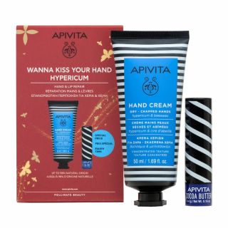 Apivita Promo Hands & Lips Hypericum - Ενυδατική Κρέμα Χεριών με Βάλσαμο & Μελισσοκέρι 50ml + Lip Care με Βούτυρο Κακάο SPF20 