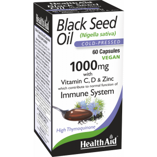 Health Aid Black Seed Oil 1000mg Black Cumin Oil with Vitamins C, D3 & Zinc 60 Vegan Capsules