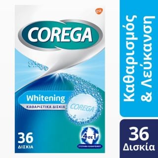 Corega Whitening 36 Tabs Καθαριστικά Αναβράζοντα Δισκία Οδοντοστοιχιών για Λευκότητα