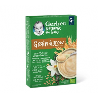 Gerber Organic For Baby 6m+ Grain & Grow Βρεφικά Δημητριακά Με Σιτάρι, Βρώμη & Γεύση Βανίλιας 200gr