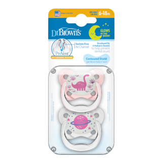 Dr. Brown’s PreVent™ Contoured Glow-in-the-Dark Silicone Pacifiers 6-18m Pink-Dinosaur (PV22007) 2pcs