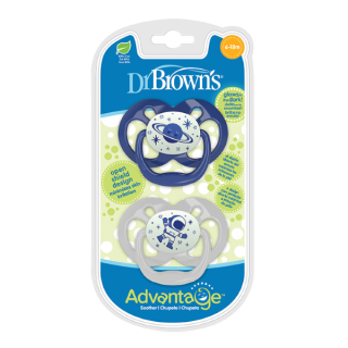 DrBrown's Advantage™ Glow-In-The-Dark Silicone Pacifiers 6-18m Blue-Space (PA22004) 2pcs