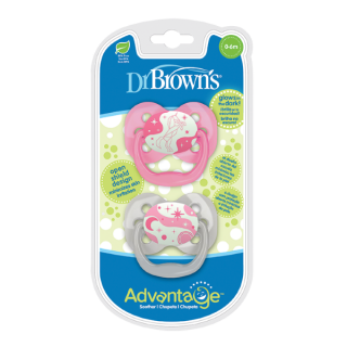 Dr. Brown's Advantage™ Glow-In-The-Dark Silicone Pacifiers 0-6m Unicorn-Pink (PA12004) 2pcs