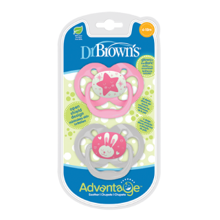 Dr. Brown's Advantage™ Glow-In-The-Dark Silicone Pacifiers 6-18m Pink Star-Rabbit (PA22003) 2pcs