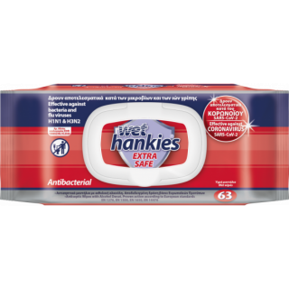 Wet Hankies Extra Safe 63 Τεμάχια Υγρά Αντιβακτηριδιακά Μαντηλάκια Χεριών Κατά των Μικροβίων, ιών της Γρίπης & Κορωνοϊού