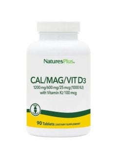 Nature's Plus Cal/Mag/Vit D3 90ταμπλέτες Ασβέστιο 1200mg, Μαγνήσιο 600mg, Vit D3 1000iu & Vit K 100mcg 