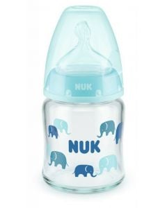Nuk First Choice+ Μπιμπερό Γυάλινο Γαλάζιο-Ελεφαντάκι, Θηλή Σιλικόνης 0-6m, 120ml (10.747.117) 1 Τεμάχιο