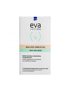 Intermed Eva Intima Maxi Size Towelettes Μαντηλάκια Καθαρισμού Ευαίσθητης Περιοχής με Αντιμικροβιακή, Αποσμητική & Αντικνησμική Δράση 12 ατομικά φακελάκια
