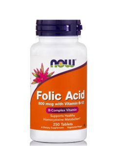 Now Foods Folic Acid 800mcg & B12 25mcg 250ταμπλέτες Συμπλήρωμα Φολικού Οξέως & Βιταμίνη Β12