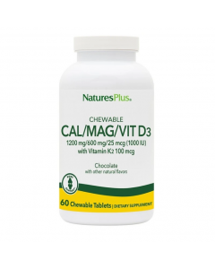 Nature's Plus Cal/Mag/Vit D3 60 Μασώμενες Ταμπλέτες με Γεύση Σοκολάτα με Ασβέστιο 1200mg, Μαγνήσιο 600mg, D 1000iu & K 100mcg 