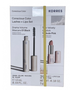 Korres Promo Conscious Color Drama Volume Μάσκαρα 01 Black 13ml & True Velvety Κραγιόν 13 Nude Pink 3gr