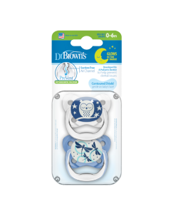 Dr. Brown's PreVent™ Contoured Glow-In-The-Dark Silicone Pacifiers 0-6m Blue-Owl (PV12008) 2Items