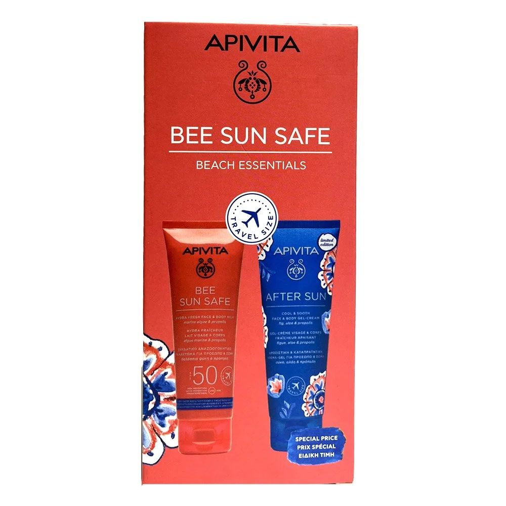 Apivita Bee Sun Safe Dry Touch Invisible Face Fluid Sunscreen SPF50 50 ml +  After Sun Cool & Smooth Face & Body Gel-Cream 100 ml - Sunscreen and after  sun travel size set - Vita4you